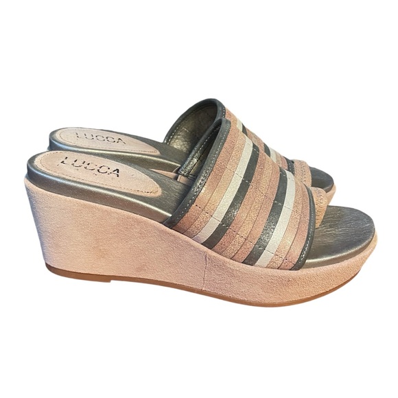 Luca Lenore Leather Platform Wedge Sandal Slide Striped Vamp Women’s Sz 7.5 - Picture 1 of 13